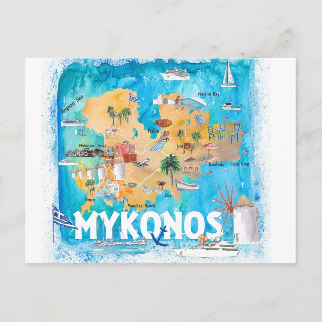 Cartão Postal Mapa Ilustrado de Grécia do Mykonos com Pontos de  (Frente)