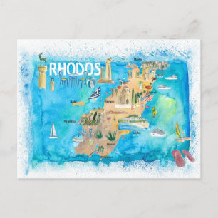 Cartão Postal Mapa Ilustrado de Grécia Rodes com Marcas de Terra