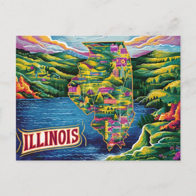 Cartão Postal Mapa Ilustrado de Illinois Vibrante (Frente)