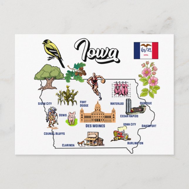 Cartão Postal Mapa ilustrado de Iowa nos EUA (Frente)