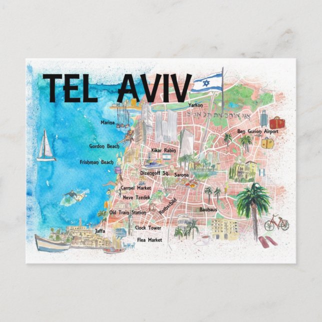 Cartão Postal Mapa Ilustrado de Israel em Tel Aviv com Estradas (Frente)