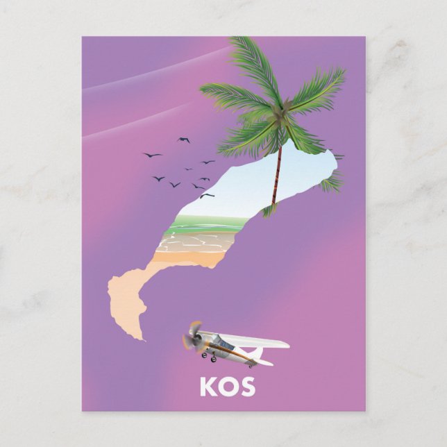 Cartão Postal Mapa ilustrado de Kos Grécia. (Frente)