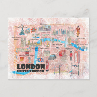 Cartão Postal Mapa Ilustrado de Londres no Reino Unido com Estra