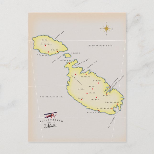 Cartão Postal Mapa ilustrado de Malta (Frente)