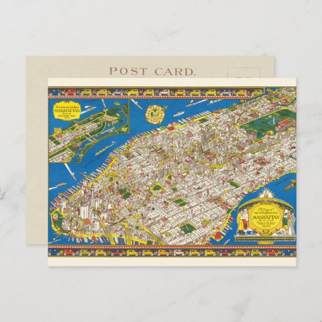 Cartão Postal Mapa Ilustrado de Manhattan Restaurado Divertido A (Frente/Verso)