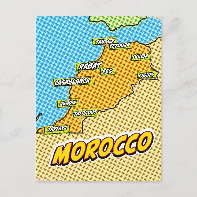 Cartão Postal Mapa ilustrado de Marrocos em Pop Art (Frente)