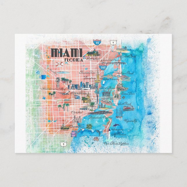 Cartão Postal Mapa Ilustrado de Miami Flórida (Frente)