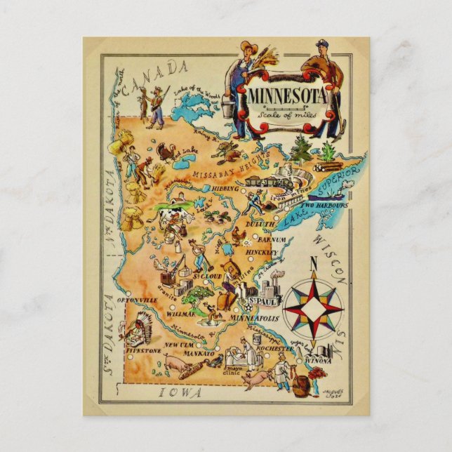 Cartão Postal Mapa Ilustrado de Minnesota (Frente)