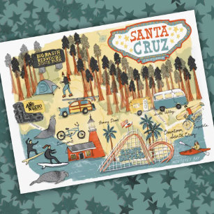 Cartão Postal Mapa Ilustrado de papais noeis Cruz California