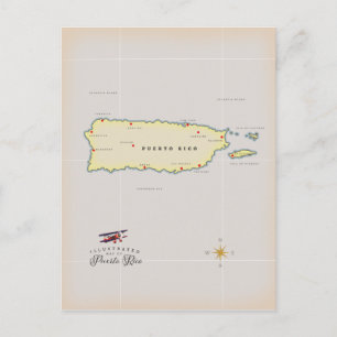 Cartão Postal Mapa ilustrado de Porto Rico.