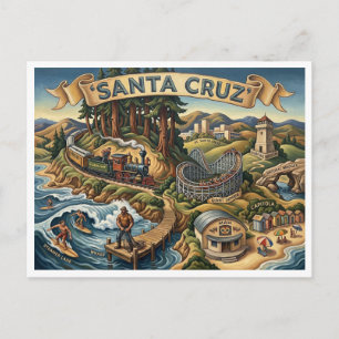 Cartão Postal Mapa Ilustrado de Santa Cruz Califórnia UCSC Wharf