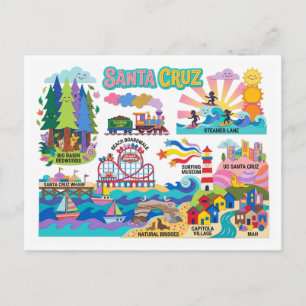 Cartão Postal Mapa Ilustrado de Santa Cruz Praia da Avenida Surf