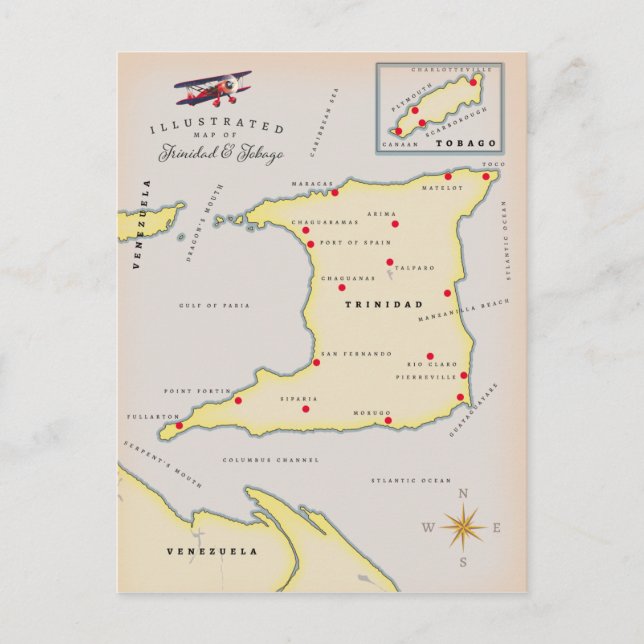 Cartão Postal Mapa ilustrado de Trinidad e Tobago (Frente)