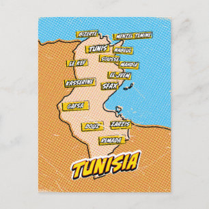 Cartão Postal Mapa ilustrado de Tunísia em Pop Art
