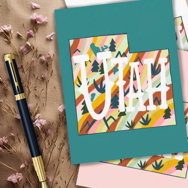 Cartão Postal Mapa Ilustrado de Utah (Cute map of Utah decorates this colorful postcard, choose your favorite shade or add your own color.)