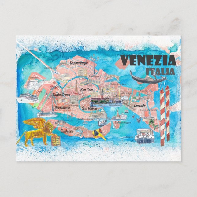 Cartão Postal Mapa Ilustrado de Veneza Itália (Frente)