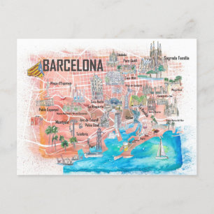 Cartão Postal Mapa ilustrado de Viagem de Barcelona com estradas