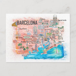 Cartão Postal Mapa ilustrado de Viagem de Barcelona com estradas