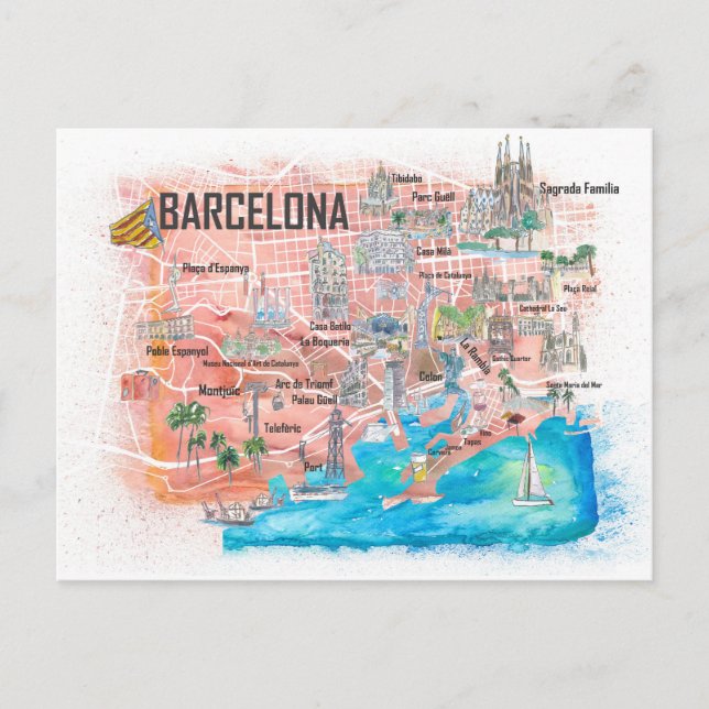 Cartão Postal Mapa ilustrado de Viagem de Barcelona com estradas (Frente)