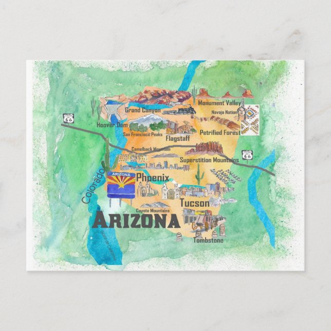 Cartão Postal Mapa Ilustrado de Viagem de Estado de Arizona dos  (Frente)