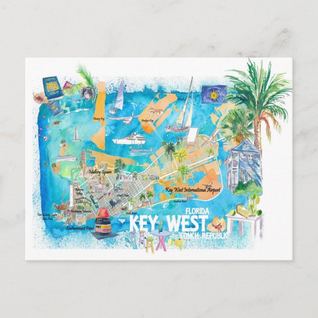 Cartão Postal Mapa ilustrado de viagem de Key West Flórida com e (Frente)