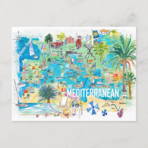 Cartão Postal Mapa Ilustrado de Viagem do Mar Mediterrâneo