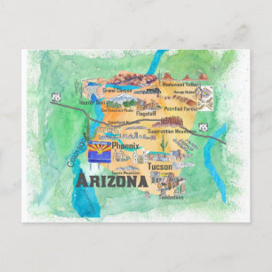 Cartão Postal Mapa Ilustrado de Viagens do Estado do Arizona EUA