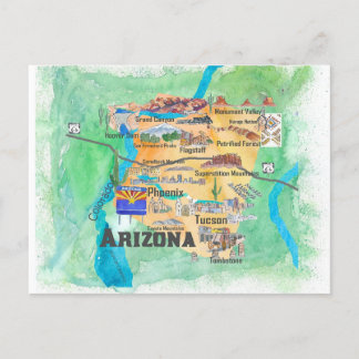 Cartão Postal Mapa Ilustrado de Viagens do Estado do Arizona EUA