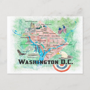Cartão Postal Mapa Ilustrado de Washington DC EUA com Principais