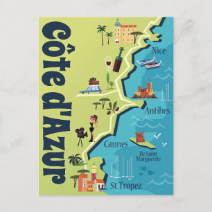 Cartão Postal Mapa ilustrado do Cote d'Azur