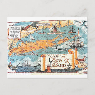 Cartão Postal Mapa Ilustrado do Long Island Postcard