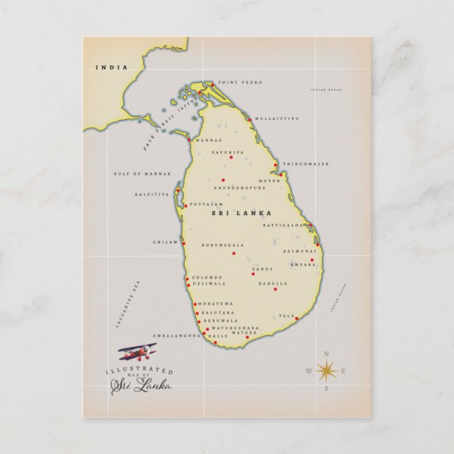 Cartão Postal Mapa ilustrado do Sri Lanka (Frente)