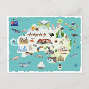 Cartão Postal Mapa Ilustrado em Aquarela da Austrália