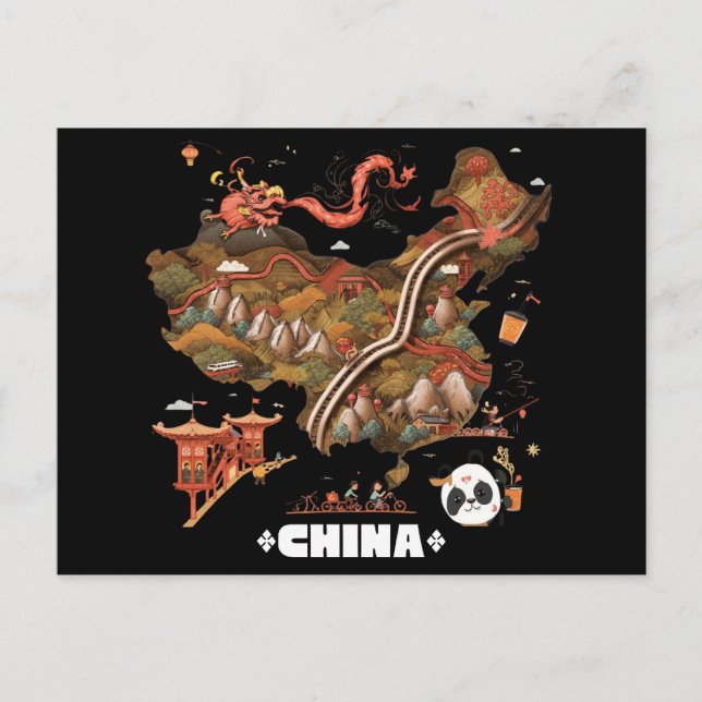 Cartão Postal Mapa Ilustrado Fofo da China com Dragão e Panda (Frente)
