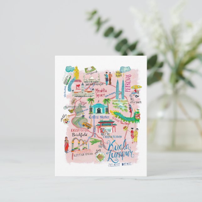Cartão Postal Mapa ilustrativo de viagem de Kuala Lumpur (Em pé/Frente)