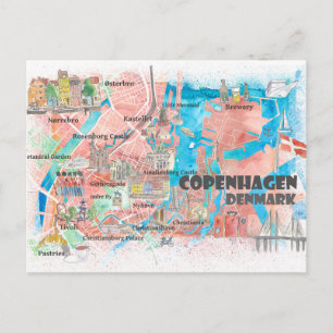 Cartão Postal Mapa Limpo da Cidade Icónica de Copenhague Dinamar