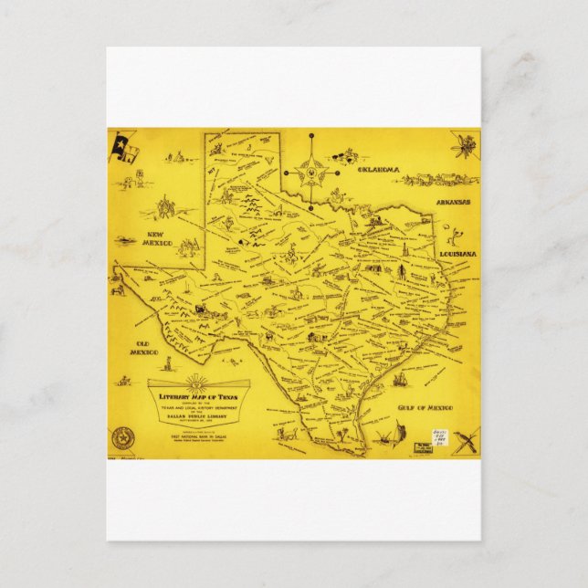 Cartão Postal Mapa literário do Texas por Dallas Pub Lib (1955) (Frente)