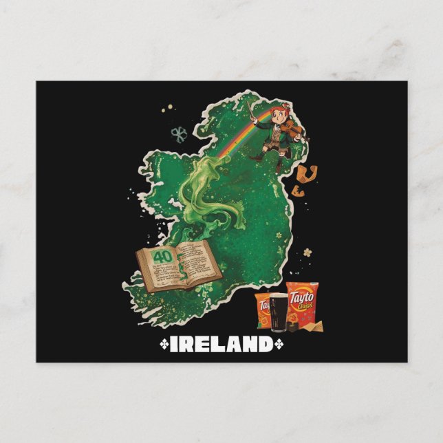 Cartão Postal Mapa Mágico da Irlanda Leprechaun Arco-íris (Frente)