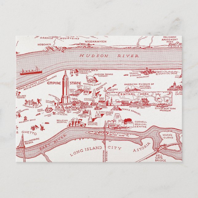 Cartão Postal MAPA: MANHATTAN, c1935 (Frente)