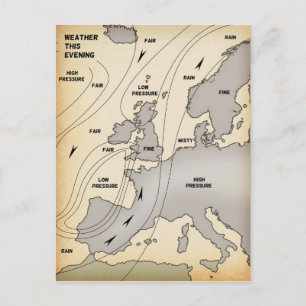 Cartão Postal Mapa meteorológico antigo das Ilhas Britânicas e E