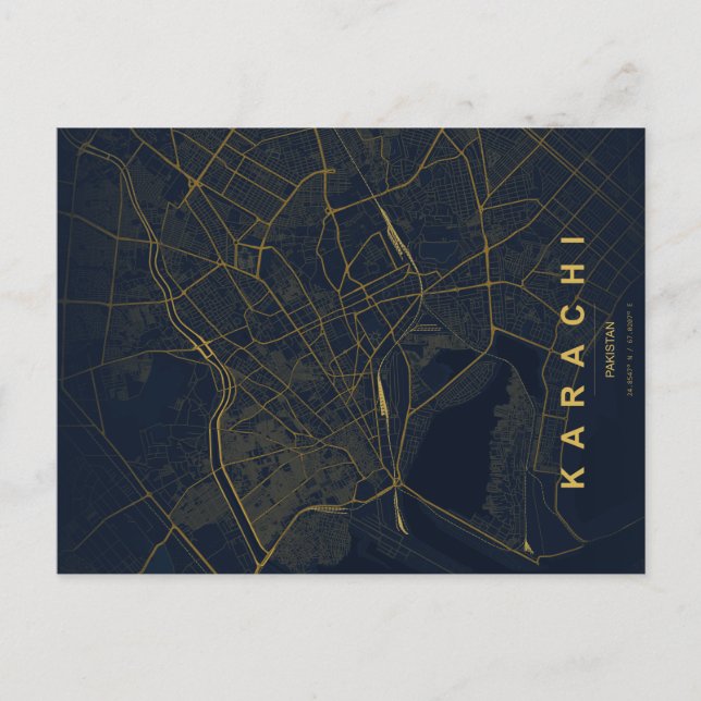 Cartão Postal Mapa Minimalista de Karachi Paquistão (Frente)