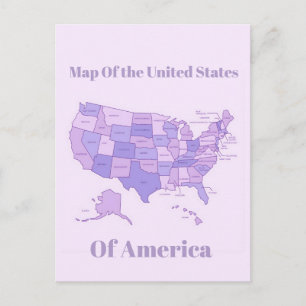 Cartão Postal Mapa Minimalista dos Estados Unidos Arte Rosa Roxo