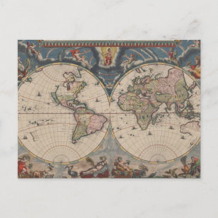 Cartão Postal Mapa Mundial Antiquado: Arte Cartográfica Históric