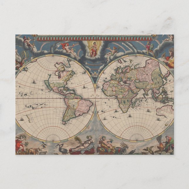 Cartão Postal Mapa Mundial Antiquado: Arte Cartográfica Históric (Frente)