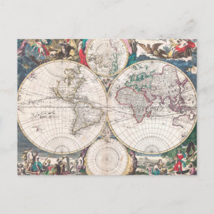 Cartão Postal Mapa Mundial Antiquado do Hemisfério Duplo