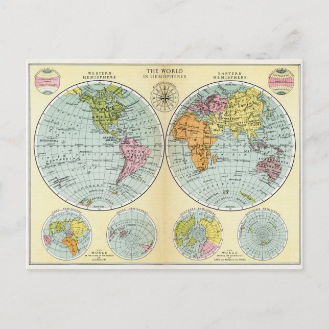 Cartão Postal Mapa Mundial Antiquado nos Hemisférios (Frente)