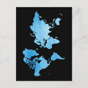 Cartão Postal Mapa Mundial Azul Minimalista Arte Aquarela