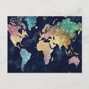 Cartão Postal Mapa Mundial Brilhante com Purpurina – Arte de Via