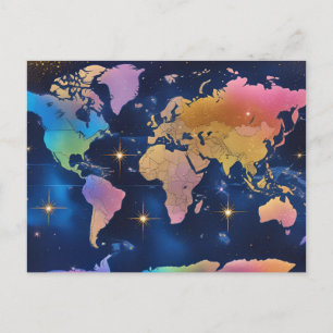 Cartão Postal Mapa Mundial Brilhante com Purpurina – Arte de Via