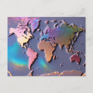 Cartão Postal Mapa Mundial Colorido 3D com Brilho Espelhado